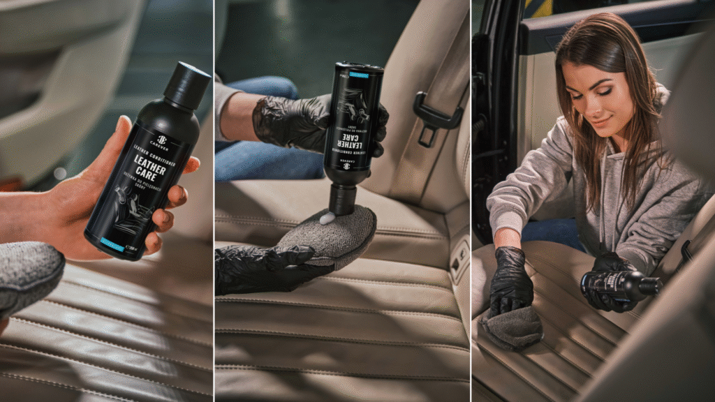 Picture showing impregnation of a car leather seat after cleaning, step by step process with product visualization