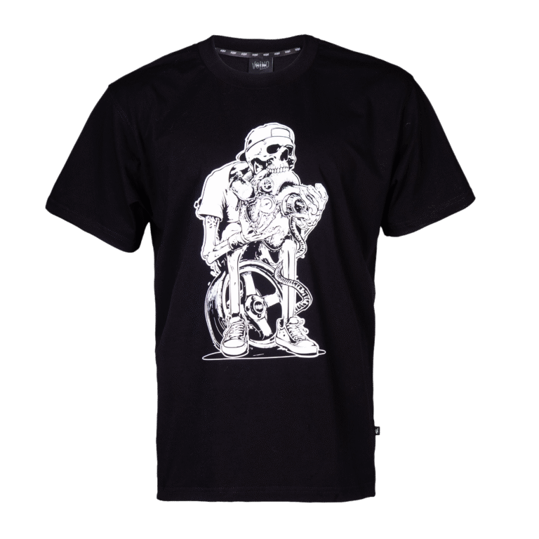 VOLNO HECTOR. Czarna koszulka oversize streetwear, szkielet z mechanicznym sercem w dłoniach